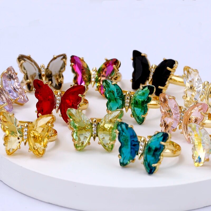 Butterfly Finger Ring Mariposa Fashion Romantic Sweet Colorful Transparent Crystal Women's Adjustable Ring Girl Party Jewelry