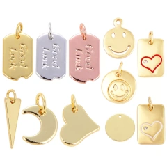 Good Luck Happy Smile Face Heart Moon Triangular Charm Attachment  , brass real gold plated , fashion jewelry findings L70