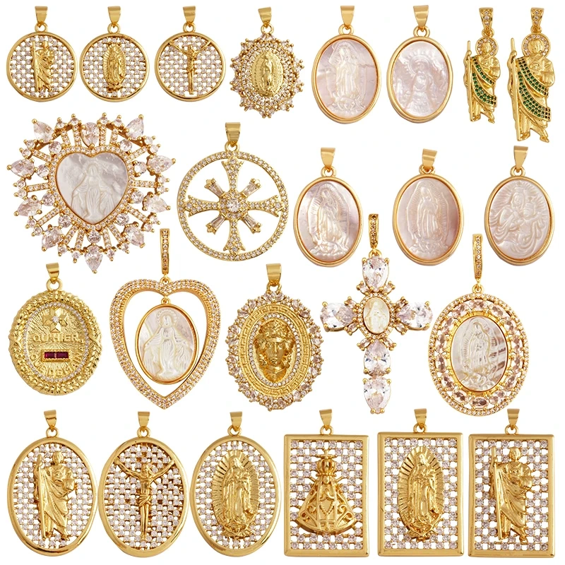 Unique Religious Jesus Holy Virgin Mary Love Heart Charms Pendant,Latest 18K Gold Plated Micro Zircon Jewelry Necklace Supplies