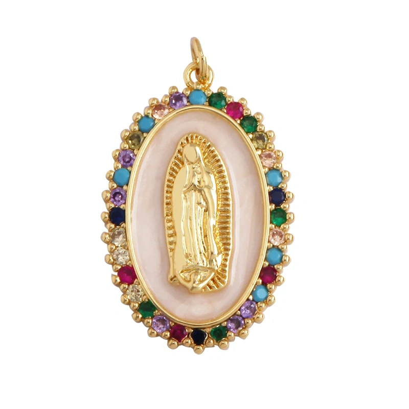 Religious Style Holy Virgin Mary Jesus Geometry Charm Pendant,18K Gold Inlaid Cubic Zirconia Jewelry Necklace Accessories Supply