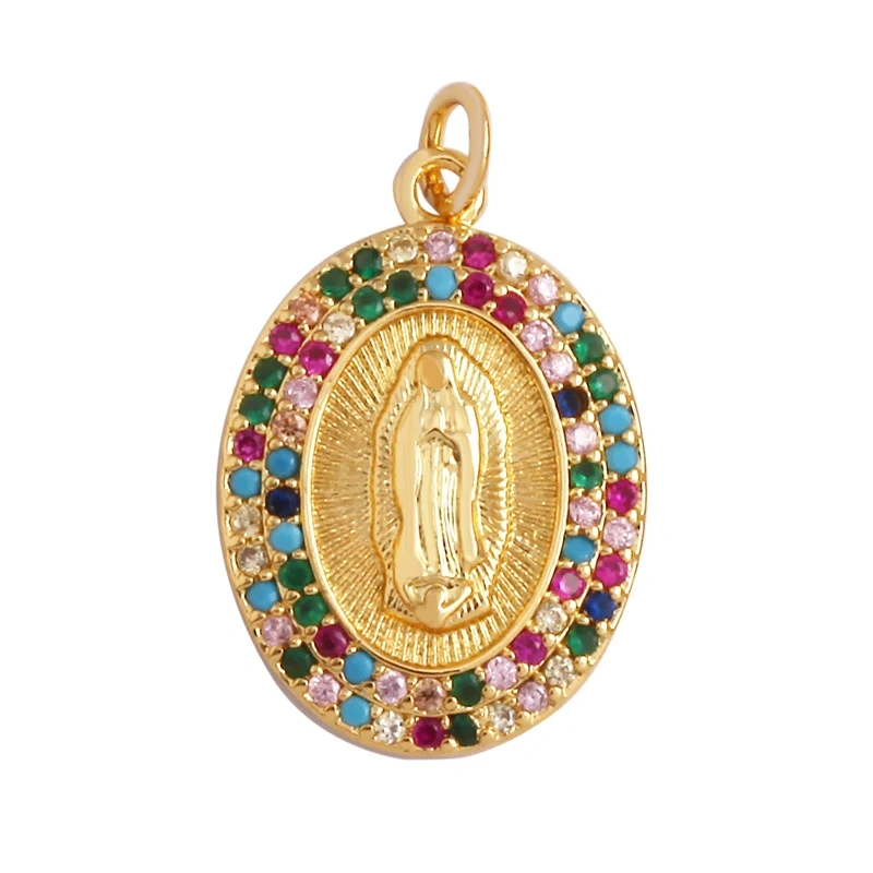 Religious Style Holy Virgin Mary Jesus Geometry Charm Pendant,18K Gold Inlaid Cubic Zirconia Jewelry Necklace Accessories Supply