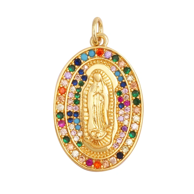 Religious Style Holy Virgin Mary Jesus Geometry Charm Pendant,18K Gold Inlaid Cubic Zirconia Jewelry Necklace Accessories Supply