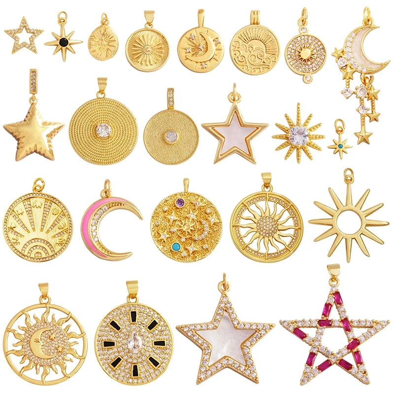 Shining Sun Star Moon Shell Charm Pendant,18K Plated Gold Inlaid Cubic Zirconia Jewelry Findings Necklace Bracelet Supplies