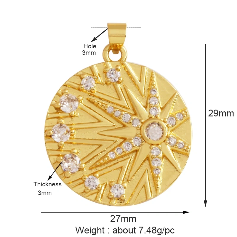 Compass Shining Sun Moon Star Shell Charm Pendant,18K Plated Gold Inlaid Cubic Zirconia Jewelry Necklace Bracelet Supplies