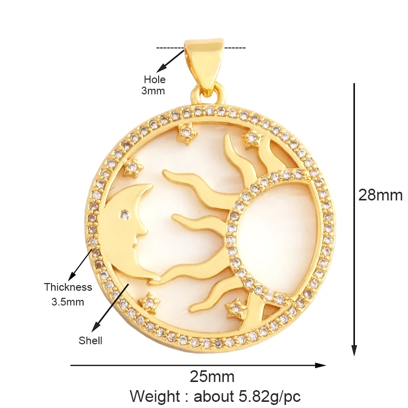 Compass Shining Sun Moon Star Shell Charm Pendant,18K Plated Gold Inlaid Cubic Zirconia Jewelry Necklace Bracelet Supplies