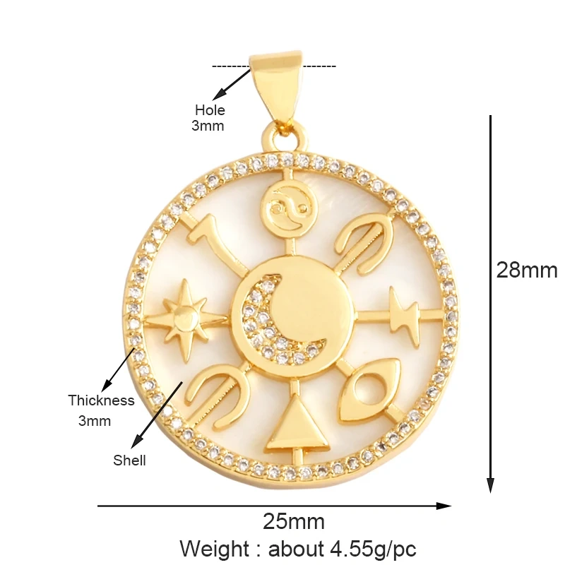 Compass Shining Sun Moon Star Shell Charm Pendant,18K Plated Gold Inlaid Cubic Zirconia Jewelry Necklace Bracelet Supplies