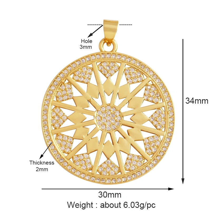 Compass Shining Sun Moon Star Shell Charm Pendant,18K Plated Gold Inlaid Cubic Zirconia Jewelry Necklace Bracelet Supplies