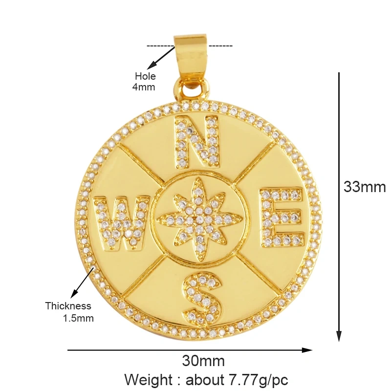 Compass Shining Sun Moon Star Shell Charm Pendant,18K Plated Gold Inlaid Cubic Zirconia Jewelry Necklace Bracelet Supplies