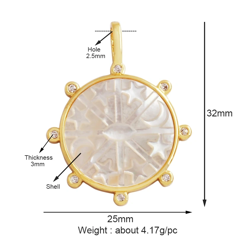 Compass Shining Sun Moon Star Shell Charm Pendant,18K Plated Gold Inlaid Cubic Zirconia Jewelry Necklace Bracelet Supplies