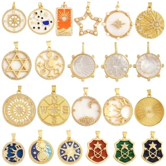 Compass Shining Sun Moon Star Shell Charm Pendant,18K Plated Gold Inlaid Cubic Zirconia Jewelry Necklace Bracelet Supplies