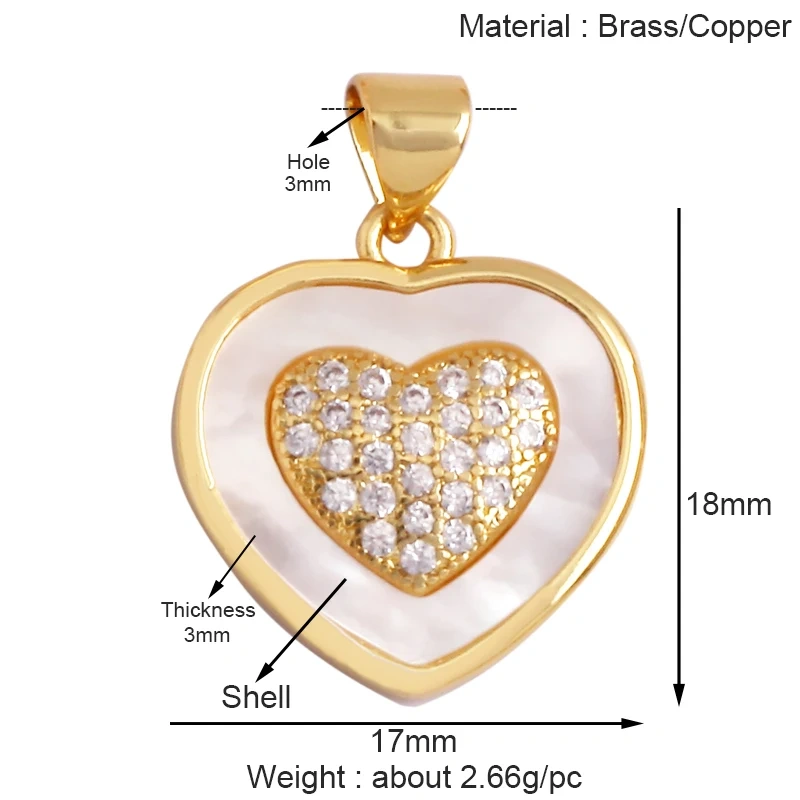 Trendy Rainbow Zircon Pearl Shell Love Heart Charm Pendant,Creative Angel 18K Gold Plated Jewelry Findings Accessories Supplies