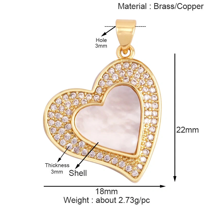 Trendy Rainbow Zircon Pearl Shell Love Heart Charm Pendant,Creative Angel 18K Gold Plated Jewelry Findings Accessories Supplies