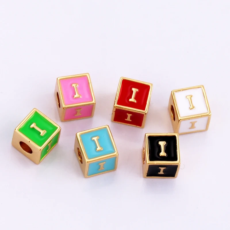 Square Cube Fashion Colorful Enamel Oil Dropped Initial Letter Name A-Z  Beads,18K Real Gold Plated,Jewelry Necklace Findings