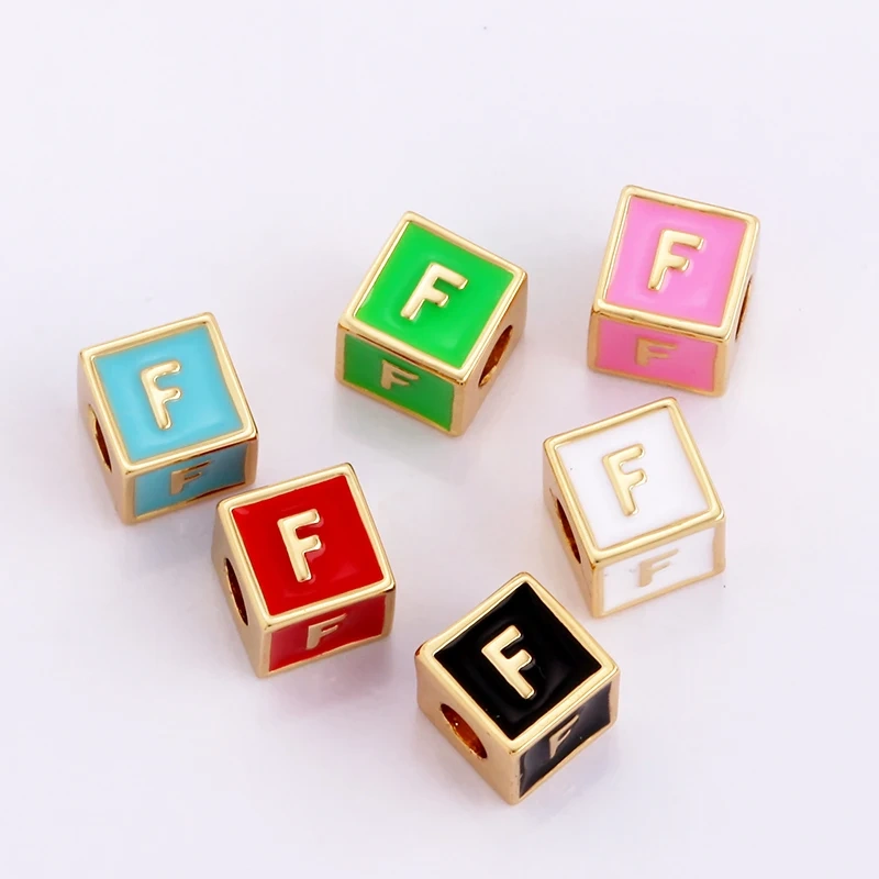 Square Cube Fashion Colorful Enamel Oil Dropped Initial Letter Name A-Z  Beads,18K Real Gold Plated,Jewelry Necklace Findings