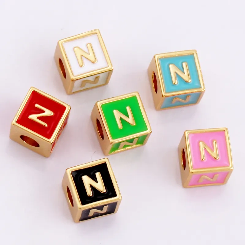 Square Cube Fashion Colorful Enamel Oil Dropped Initial Letter Name A-Z  Beads,18K Real Gold Plated,Jewelry Necklace Findings