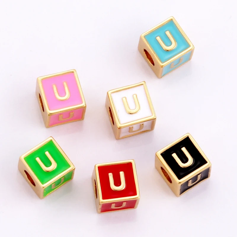 Square Cube Fashion Colorful Enamel Oil Dropped Initial Letter Name A-Z  Beads,18K Real Gold Plated,Jewelry Necklace Findings