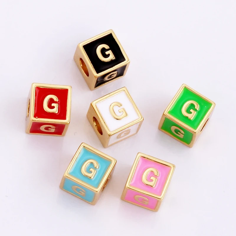 Square Cube Fashion Colorful Enamel Oil Dropped Initial Letter Name A-Z  Beads,18K Real Gold Plated,Jewelry Necklace Findings