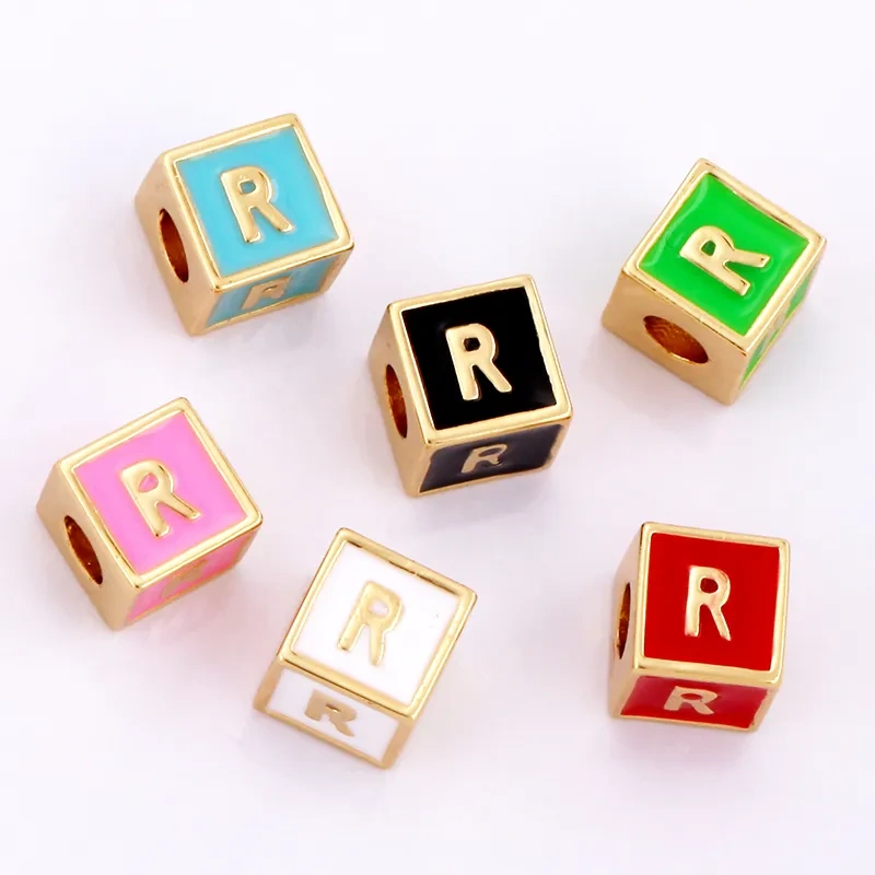 Square Cube Fashion Colorful Enamel Oil Dropped Initial Letter Name A-Z  Beads,18K Real Gold Plated,Jewelry Necklace Findings