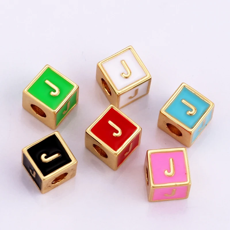 Square Cube Fashion Colorful Enamel Oil Dropped Initial Letter Name A-Z  Beads,18K Real Gold Plated,Jewelry Necklace Findings