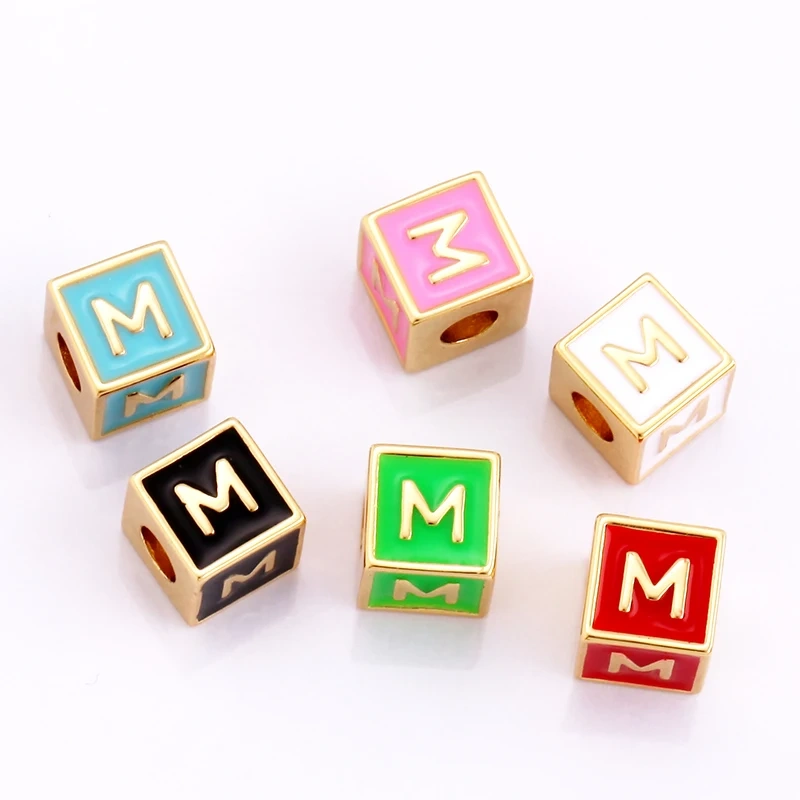 Square Cube Fashion Colorful Enamel Oil Dropped Initial Letter Name A-Z  Beads,18K Real Gold Plated,Jewelry Necklace Findings