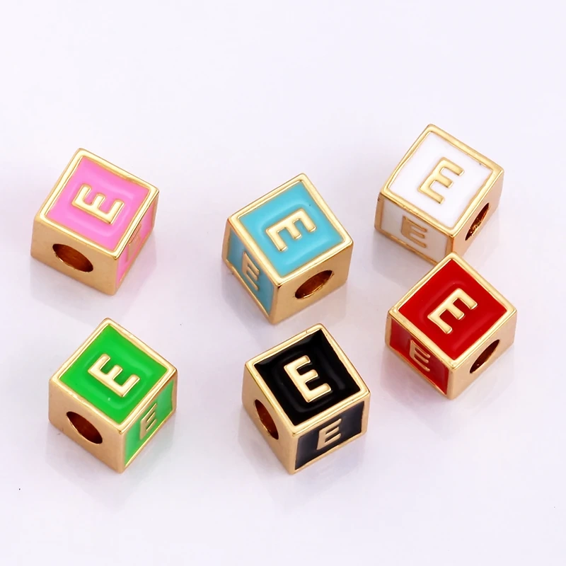 Square Cube Fashion Colorful Enamel Oil Dropped Initial Letter Name A-Z  Beads,18K Real Gold Plated,Jewelry Necklace Findings
