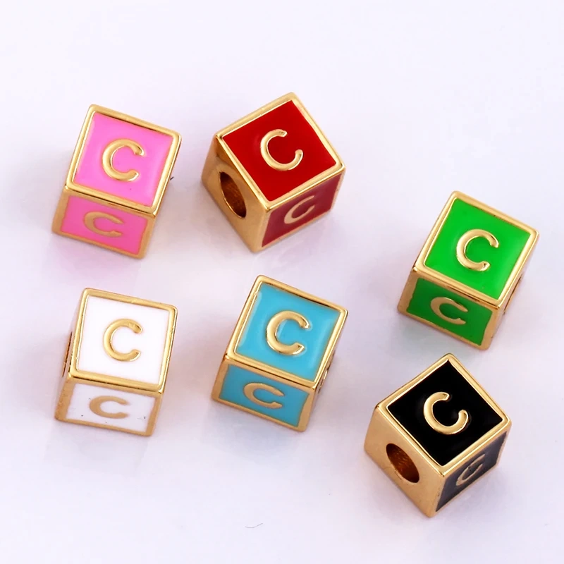 Square Cube Fashion Colorful Enamel Oil Dropped Initial Letter Name A-Z  Beads,18K Real Gold Plated,Jewelry Necklace Findings