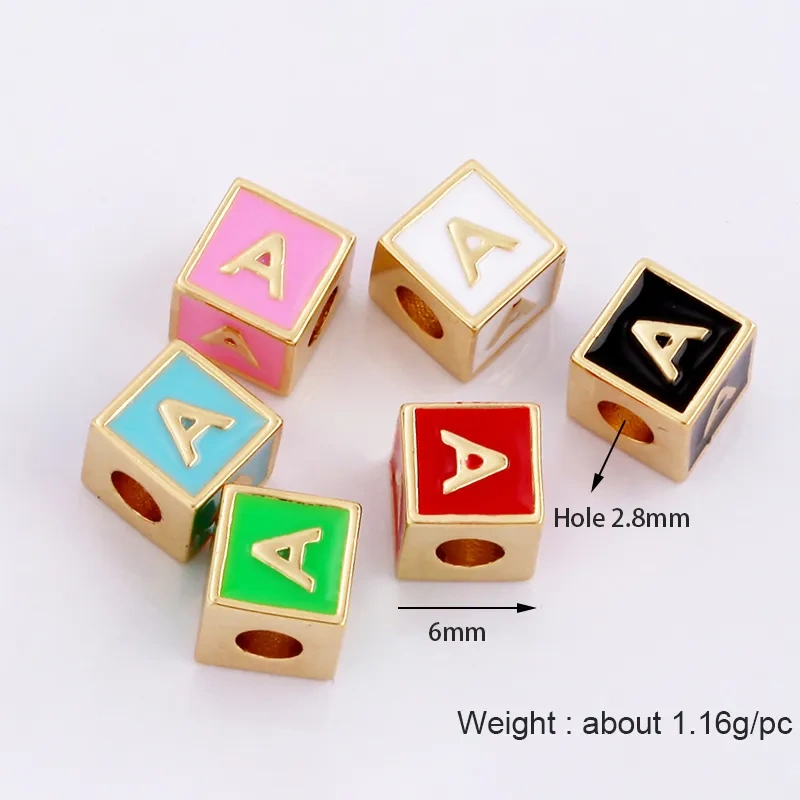 Square Cube Fashion Colorful Enamel Oil Dropped Initial Letter Name A-Z  Beads,18K Real Gold Plated,Jewelry Necklace Findings