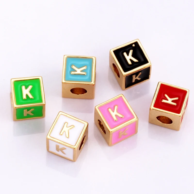 Square Cube Fashion Colorful Enamel Oil Dropped Initial Letter Name A-Z  Beads,18K Real Gold Plated,Jewelry Necklace Findings