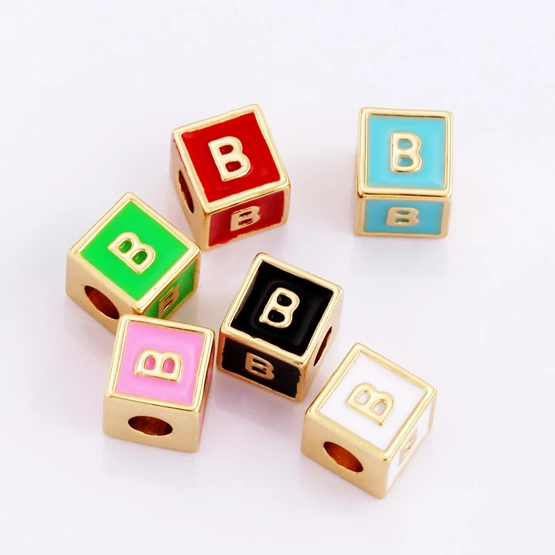 Square Cube Fashion Colorful Enamel Oil Dropped Initial Letter Name A-Z  Beads,18K Real Gold Plated,Jewelry Necklace Findings