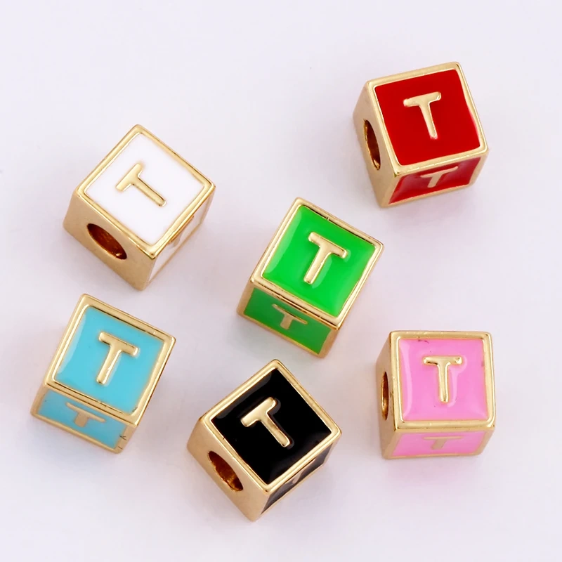 Square Cube Fashion Colorful Enamel Oil Dropped Initial Letter Name A-Z  Beads,18K Real Gold Plated,Jewelry Necklace Findings