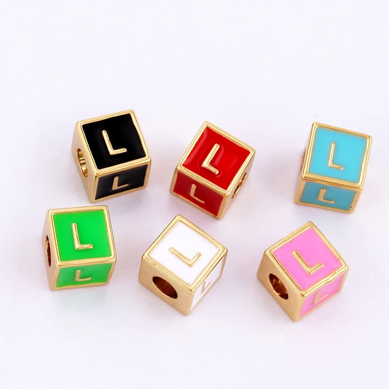 Square Cube Fashion Colorful Enamel Oil Dropped Initial Letter Name A-Z  Beads,18K Real Gold Plated,Jewelry Necklace Findings