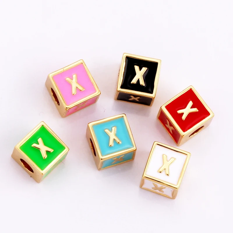 Square Cube Fashion Colorful Enamel Oil Dropped Initial Letter Name A-Z  Beads,18K Real Gold Plated,Jewelry Necklace Findings