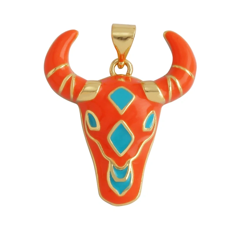 Animal Cow Ox Head Colourful Charm Pendant,18K Gold Plated Cubic Zirconia Necklace Bracelet for Jewelry Findings Supplies M62