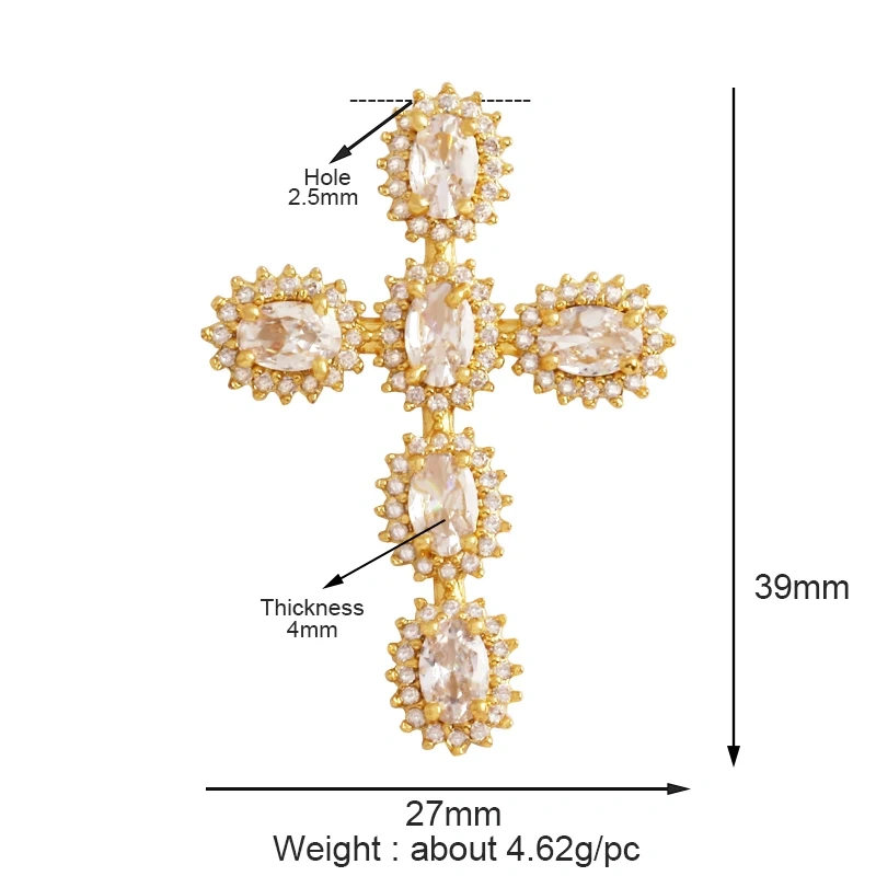 Colorful Cubic Zirconia Cross Religious Style Charm Pendant,Gold Plated Inlaid Jewelry Necklace Bracelet Accessories Supply P13