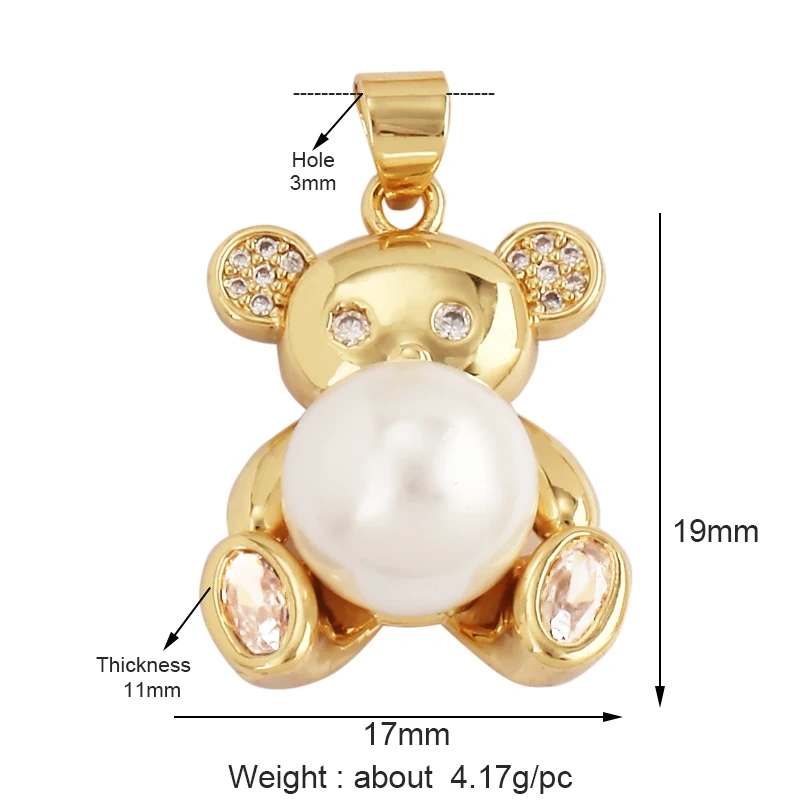 Cute Bear Charm Pendant,18K Gold Plated Cubic Zironia Pearl Animal Necklace Bracelet for Handmade Jewelry Accessories Supply M85