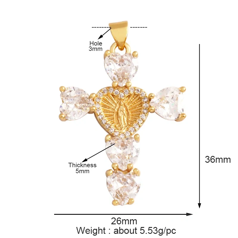 Colorful Cubic Zirconia Cross Religious Style Charm Pendant,Gold Plated Inlaid Jewelry Necklace Bracelet Accessories Supply P13