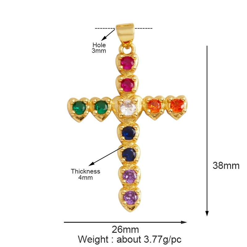 Colorful Cubic Zirconia Cross Religious Style Charm Pendant,Gold Plated Inlaid Jewelry Necklace Bracelet Accessories Supply P13