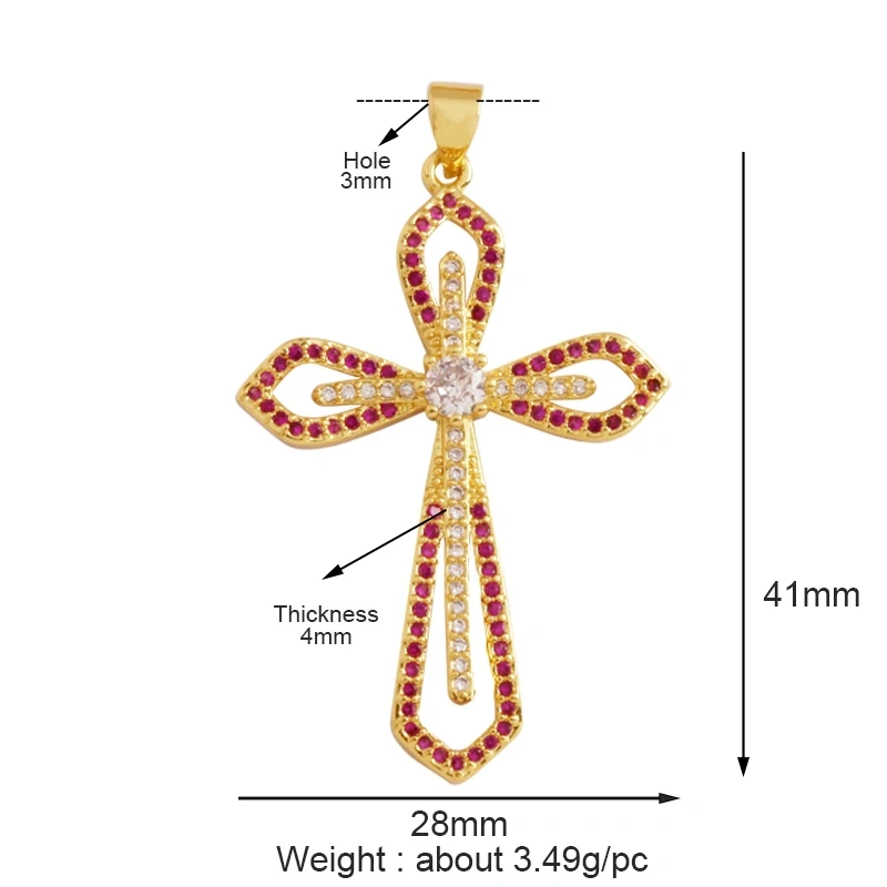 Colorful Cubic Zirconia Cross Religious Style Charm Pendant,Gold Plated Inlaid Jewelry Necklace Bracelet Accessories Supply P13