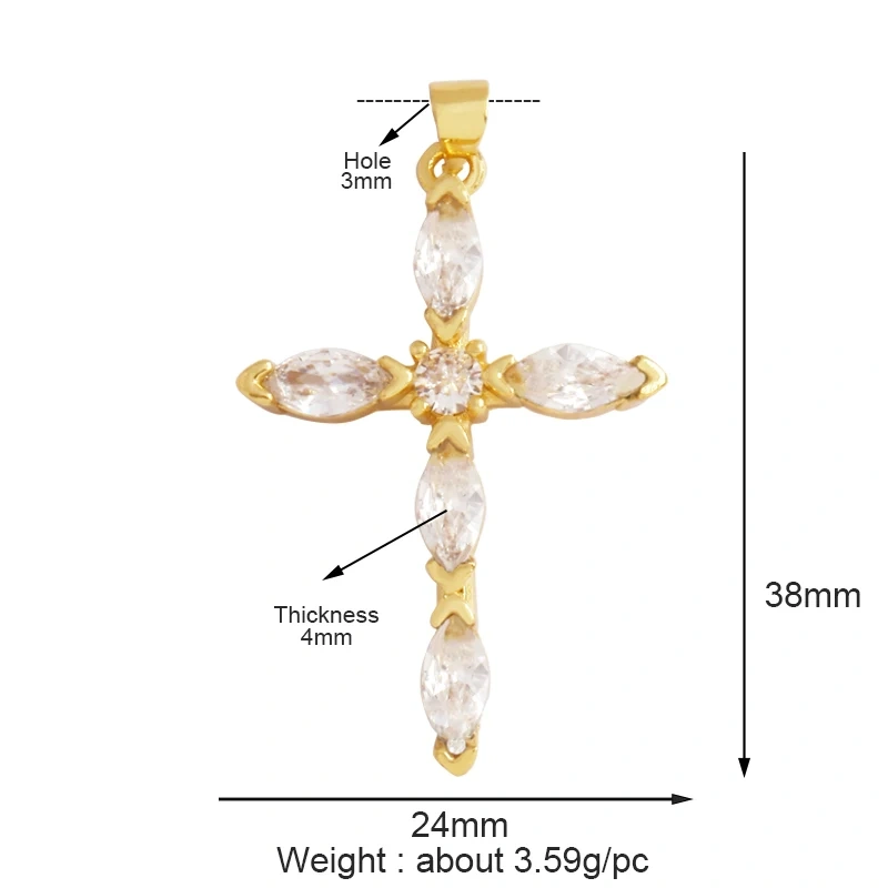 Colorful Cubic Zirconia Cross Religious Style Charm Pendant,Gold Plated Inlaid Jewelry Necklace Bracelet Accessories Supply P13