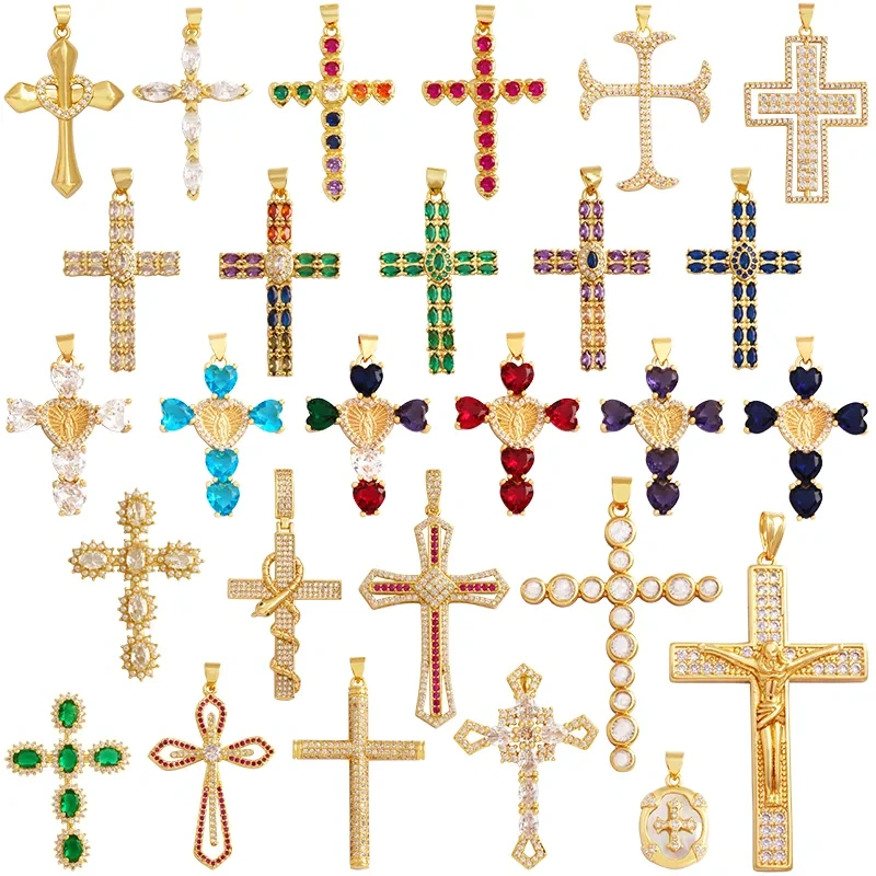 Colorful Cubic Zirconia Cross Religious Style Charm Pendant,Gold Plated Inlaid Jewelry Necklace Bracelet Accessories Supply P13