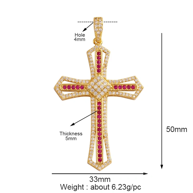 Colorful Cubic Zirconia Cross Religious Style Charm Pendant,Gold Plated Inlaid Jewelry Necklace Bracelet Accessories Supply P13