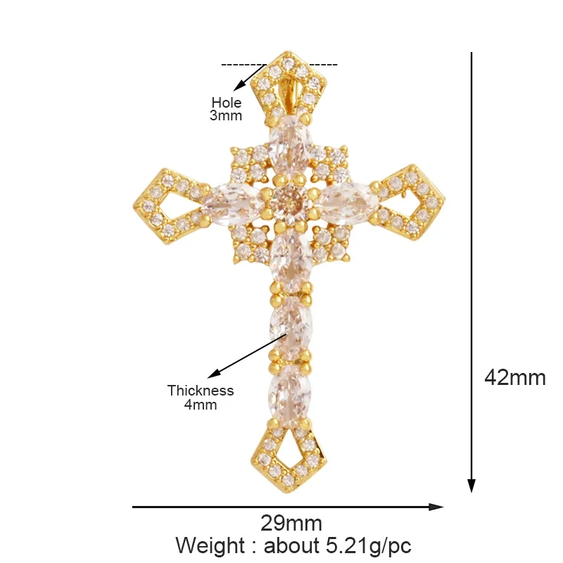 Colorful Cubic Zirconia Cross Religious Style Charm Pendant,Gold Plated Inlaid Jewelry Necklace Bracelet Accessories Supply P13