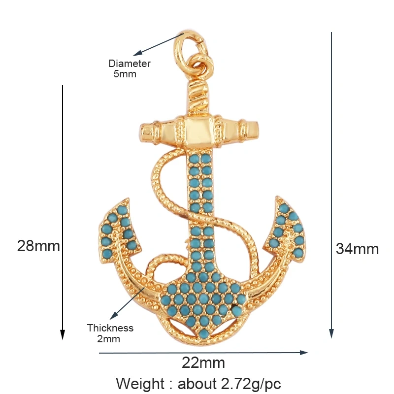 Trendy Ocean Sea River Boat Anchor Boat Rudder Charm Pendant,18K Gold Plated Zircon Jewelry Findings Accessories Supplies P02