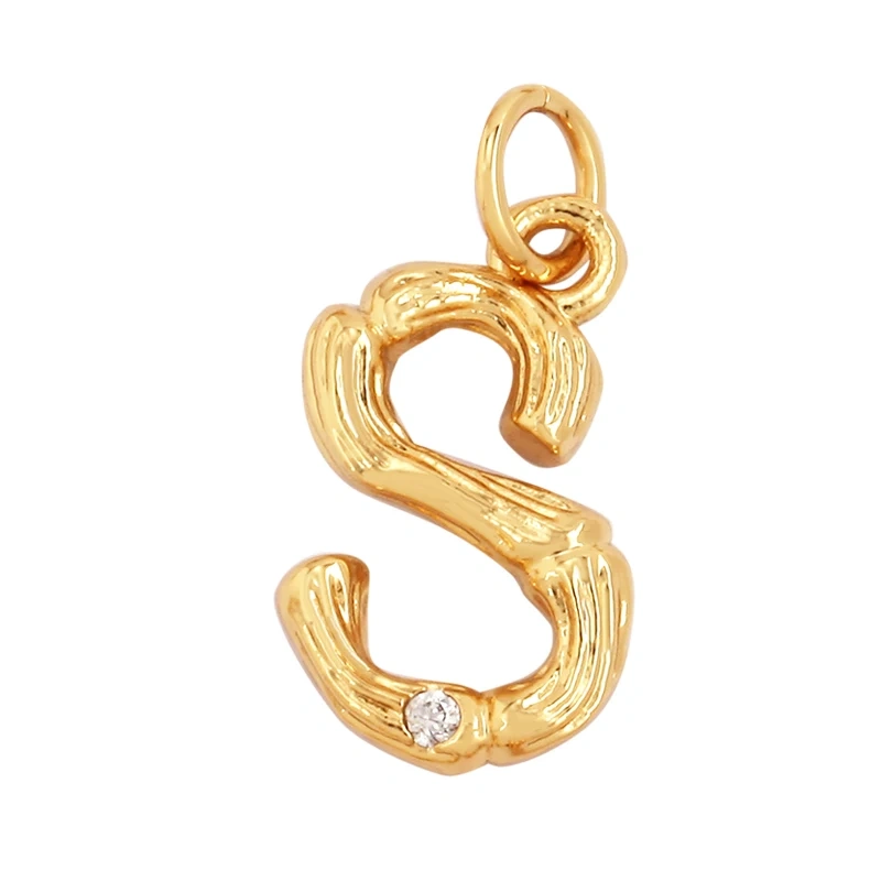 Bamboo Wood Style 18K Gold Plated Initial Name Letter A-Z Charm Pendant Necklace,Trendy Simple Zircon Jewelry Findings Supply