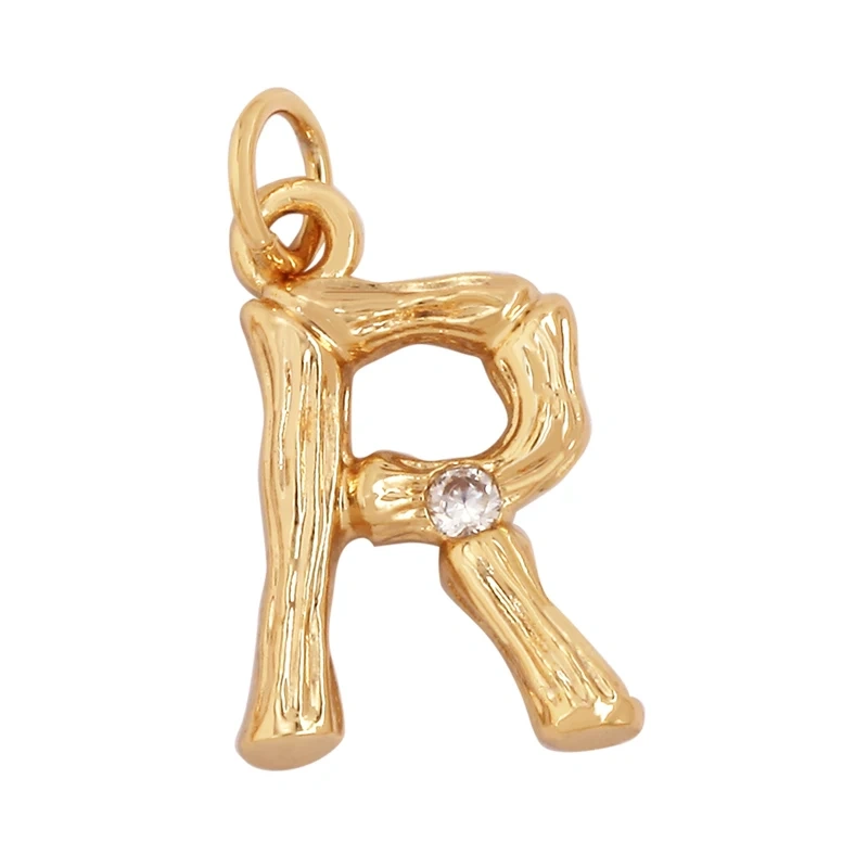 Bamboo Wood Style 18K Gold Plated Initial Name Letter A-Z Charm Pendant Necklace,Trendy Simple Zircon Jewelry Findings Supply