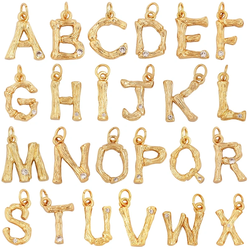 Bamboo Wood Style 18K Gold Plated Initial Name Letter A-Z Charm Pendant Necklace,Trendy Simple Zircon Jewelry Findings Supply