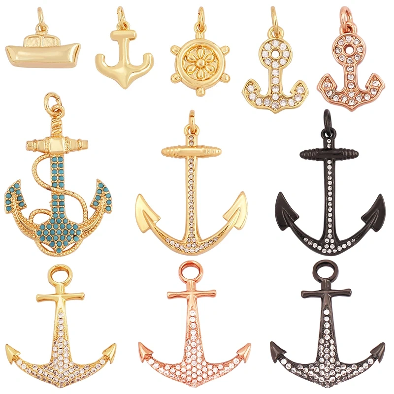 Trendy Ocean Sea River Boat Anchor Boat Rudder Charm Pendant,18K Gold Plated Zircon Jewelry Findings Accessories Supplies P02