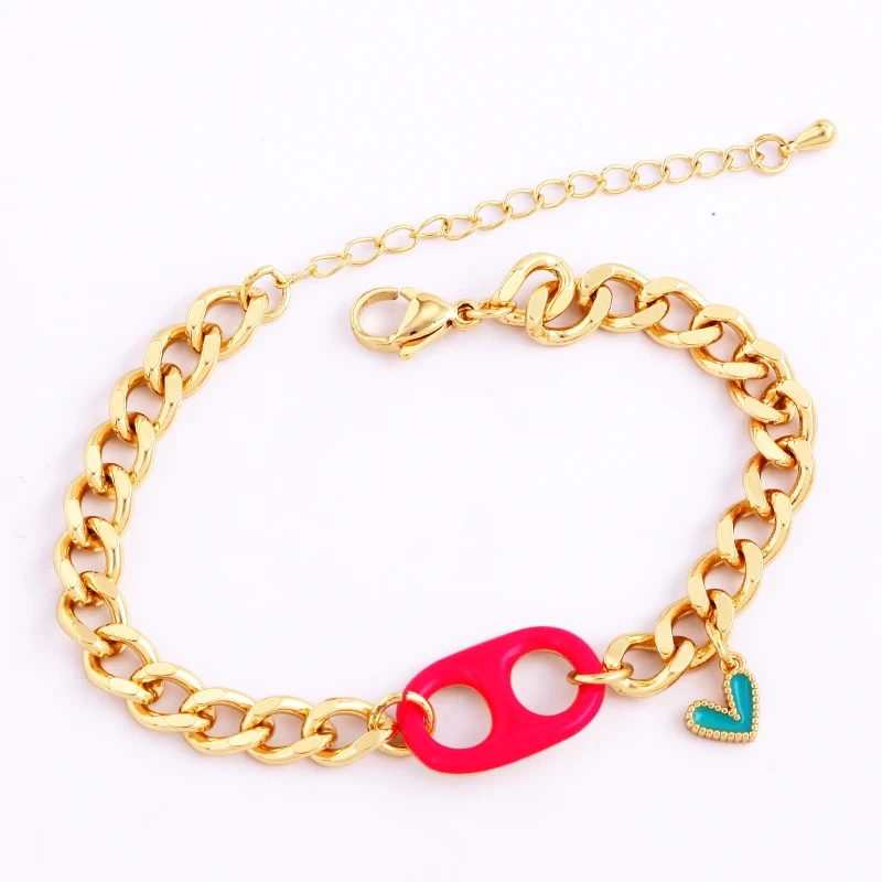 Pig Nose Soda Cap Twin Hole Trendy Colourful Romance Love Heart Enamel Charm Bracelet, Cuban Figaro Chain 18K Gold Plated Bangle