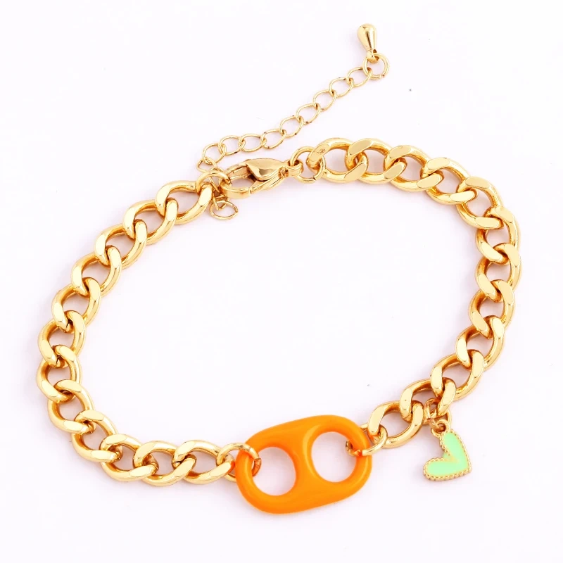 Pig Nose Soda Cap Twin Hole Trendy Colourful Romance Love Heart Enamel Charm Bracelet, Cuban Figaro Chain 18K Gold Plated Bangle