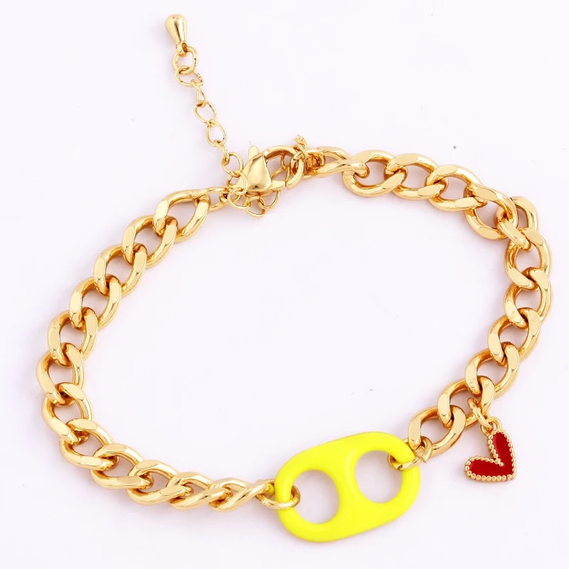 Pig Nose Soda Cap Twin Hole Trendy Colourful Romance Love Heart Enamel Charm Bracelet, Cuban Figaro Chain 18K Gold Plated Bangle